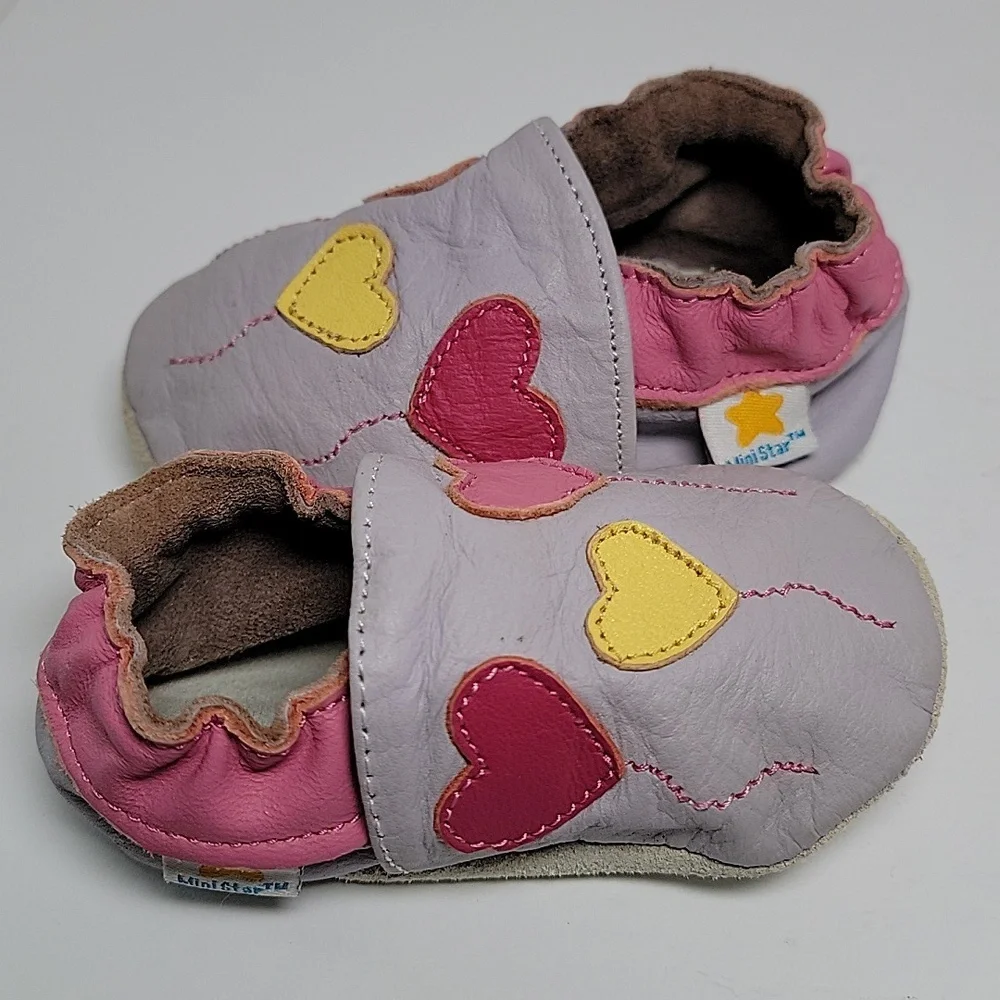MiniStar Booties Moccasin Shoes Infant Baby Toddler Leather Hearts Purple Pink S